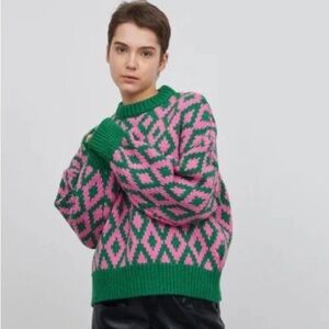 Pink and Green Diamond Pattern Sweater